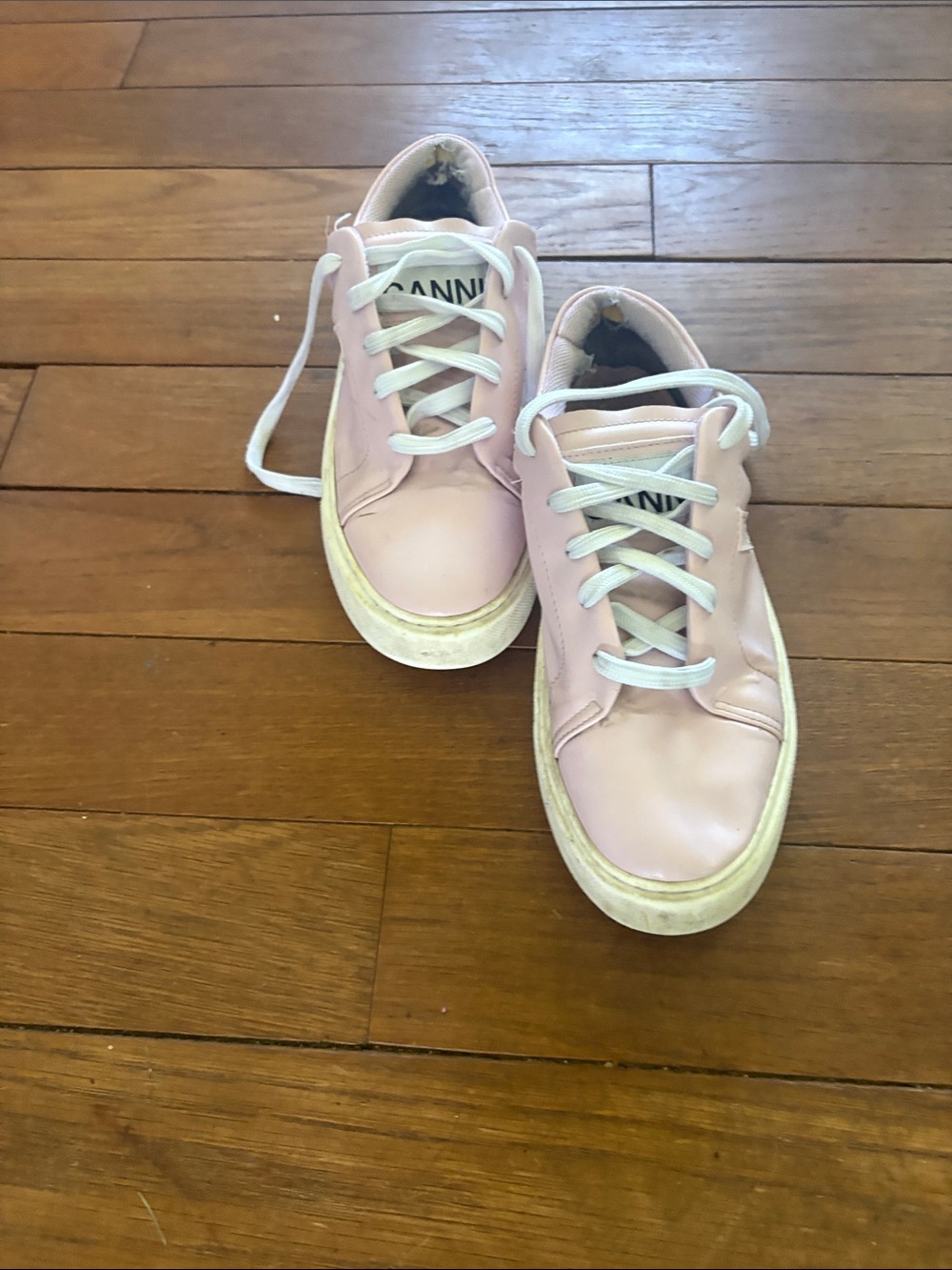 Ganni Pink Low-Top Leather Sneakers with White Laces